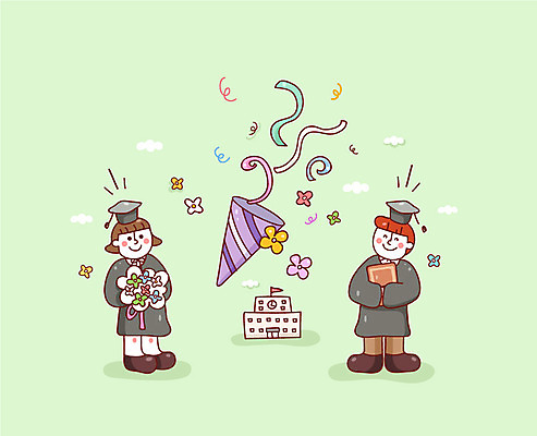 구름 학생 여자 남자 대학생 꽃다발 일러스트 학사모 졸업 학교 새출발 새로움 졸업식 폭죽 졸업생 성인 두명 졸업가운 졸업장 설레임 국내일러스트 AI파일 자연요소 모자_잡화 교육 꽃 감정 컨셉 사람 가운 출발 파일형식 벡터