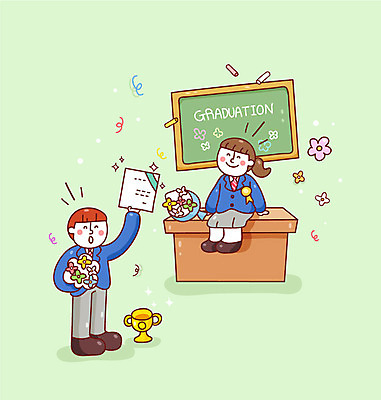 학생 여자 남자 교복 꽃다발 일러스트 졸업 청소년 새출발 새로움 졸업식 졸업생 두명 칠판 졸업장 트로피 분필 단상 설레임 국내일러스트 AI파일 옷 교육 꽃 감정 컨셉 사람 상_우승 출발 초크 파일형식 벡터