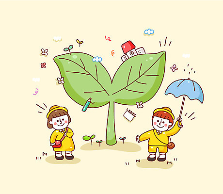 구름 여자 남자 어린이 일러스트 우산 학교 새출발 새로움 두명 연필 새싹 유치원생 유치원복 입학식 설레임 입학생 국내일러스트 AI파일 자연요소 식물 학생 옷 교육 감정 컨셉 학용품 사람 필기구 출발 파일형식 벡터