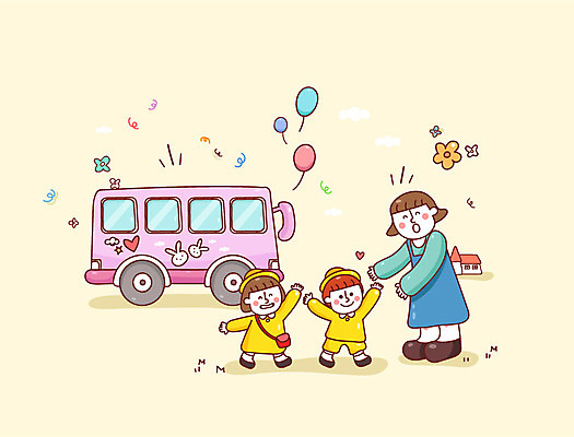 여자 남자 어린이 일러스트 새출발 새로움 성인 세명 유치원생 유치원복 풍선 유치원선생님 입학식 설레임 셔틀버스 입학생 아이돌봄 돌보미 국내일러스트 AI파일 직업 학생 옷 감정 컨셉 버스 사람 교사 출발 파일형식 벡터 돌봄서비스