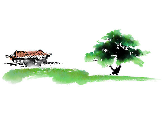 PSD 나무 일러스트 캘리그라피 한옥 한그루 기와집 풍경 잔디 사람없음 초록색 한채 국내일러스트 식물 1 한국전통 컬러 고건축 파일형식