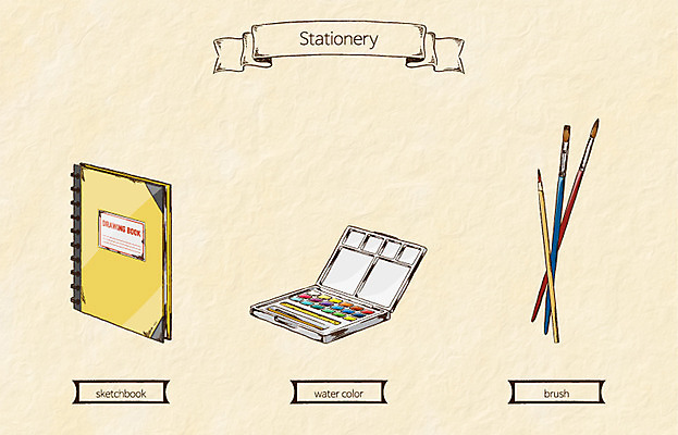 생활용품 일러스트 문구용품 사람없음 물감 미술도구 붓 팔레트 스케치북 오브젝트 국내일러스트 AI파일 학용품 파일형식 벡터