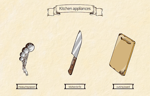 생활용품 일러스트 주방용품 도마 사람없음 오브젝트 식칼 계량스푼 국내일러스트 AI파일 파일형식 벡터