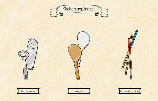생활용품 일러스트 젓가락 주방용품 사람없음 오브젝트 병따개 밥주걱 국내일러스트 AI파일 수저 주걱 파일형식 벡터