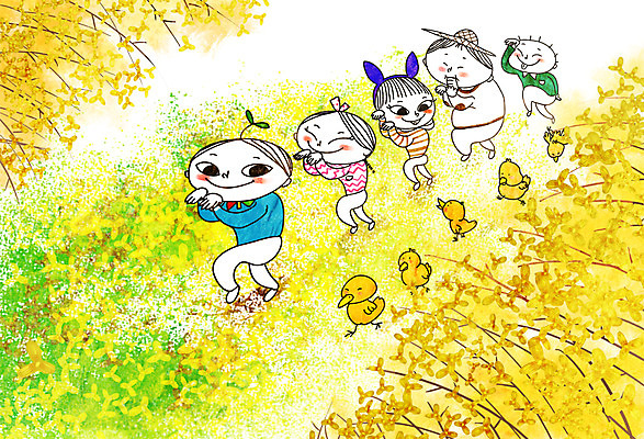 주간 PSD 여자 남자 꽃잎 어린이 일러스트 병아리 여러명 야외 봄 활발 개나리 활기 봄소풍 천진난만 국내일러스트 자연요소 계절 꽃 다수 컨셉 조류 사람 소풍 파일형식