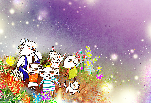 PSD 여자 남자 꽃잎 어린이 일러스트 밤하늘 나뭇잎 여러명 야외 봄 활발 강아지 야간 활기 도시락가방 봄소풍 천진난만 국내일러스트 자연요소 계절 꽃 다수 컨셉 잎 가방 하늘 사람 반려동물 소풍 개 파일형식