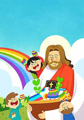 주간 PSD 구름 여자 남자 기독교 종교 어린이 무지개 일러스트 나뭇잎 여러명 성인 야외 바구니 성경 예수 부활절계란 국내일러스트 자연요소 다수 잎 종교용품 부활절 사람 계란 신_종교 파일형식