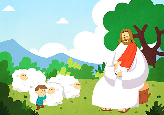 주간 PSD 나무 구름 남자 기독교 종교 어린이 일러스트 안기 부활절 산 성인 야외 두명 양 풀잎 예수 양떼 국내일러스트 자연요소 식물 기념일 잎 포유류 모션 사람 풀_식물 신_종교 파일형식