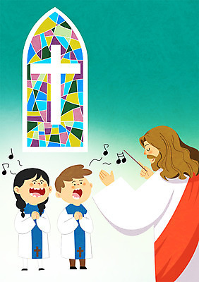 PSD 여자 남자 기독교 종교 어린이 십자가 음표 일러스트 창문 부활절 성인 세명 예수 지휘봉 찬양 스테인드글라스 지휘 성가대 국내일러스트 기호 기념일 음악 유리 사람 신_종교 합창 파일형식