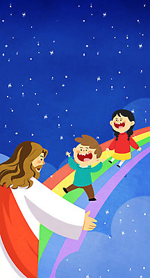 PSD 구름 여자 남자 기독교 종교 어린이 무지개 일러스트 밤하늘 부활절 성인 세명 예수 국내일러스트 자연요소 기념일 하늘 사람 신_종교 야간 파일형식