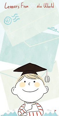 PSD 남자 어린이 일러스트 학사모 편지봉투 산 비행기 한명 글로벌 깃발 편지 다인종 국내일러스트 모자_잡화 1 졸업 항공교통 봉투 대중교통 사람 인종 파일형식