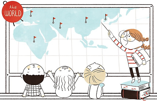 PSD 여자 남자 어린이 세계지도 일러스트 여러명 책 글로벌 칠판 깃발 다인종 국내일러스트 다수 지도 사람 인종 세계 파일형식