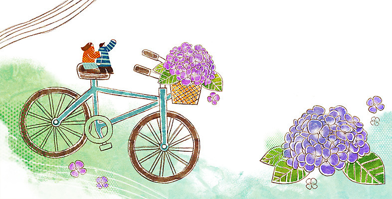 PSD 커플 계절 여자 남자 꽃 백그라운드 일러스트 나뭇잎 성인 두명 자전거 봄 수국 계절백그라운드 봄배경 국내일러스트 식물 잎 관계 사람 바이크 파일형식