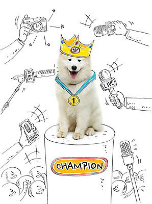 동물 편집 한마리 1 손 포토일러 왕관 앉기 사람없음 카메라 강아지 메달 마이크 인터뷰 사모예드 녹음기 반려 시상대 챔피언 이미지편집 AI파일 편집이미지 음향기기 모션 신체부위 전자제품 반려동물 개 상_상패 파일형식 벡터 녹음_기록