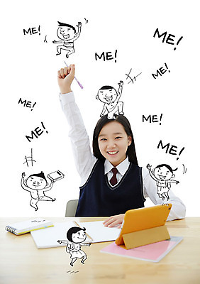 편집 학생 여자 남자 교복 청소년 포토일러 웃음 앉기 여러명 상반신 책 태블릿 펜 손들기 다이어리 공책 한국인 발표 청소년교육 책상 이미지편집 AI파일 편집이미지 옷 교육 가구 다수 모션 문구용품 표정 사람 동양인 전자제품 스마트기기 필기구 사무용품 파일형식 벡터