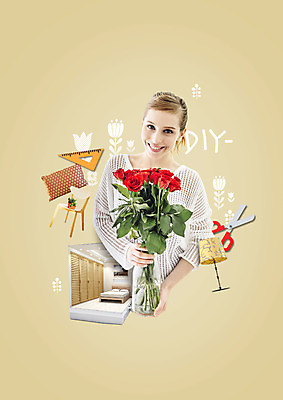 PSD 서양인 편집 편집이미지 여자 꽃 화분 꽃다발 의자 베개 한명 웃음 상반신 20대 성인 인테리어 장미 침실 침대 스탠드 장롱 삼각자 가위질 DIY 셀프 이미지편집 외국인 식물 1 디자인 가구 침구 조명 가위_도구 표정 자 사람 청년 취미 파일형식