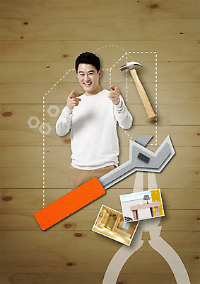 PSD 편집 편집이미지 남자 40대 탁자 한명 웃음 상반신 성인 인테리어 한국인 스탠드 스패너 가리킴 망치 너트 펜치 DIY 셀프 이미지편집 1 디자인 중년 가구 조명 표정 사람 동양인 손짓 취미 공구 파일형식