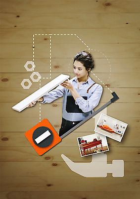 PSD 편집 편집이미지 여자 탁자 줄자 한명 들기 상반신 20대 성인 목재 인테리어 소파 앞치마 한국인 망치 너트 DIY 셀프 이미지편집 나무 1 디자인 가구 의자 재료 모션 자 사람 동양인 청년 취미 공구 파일형식