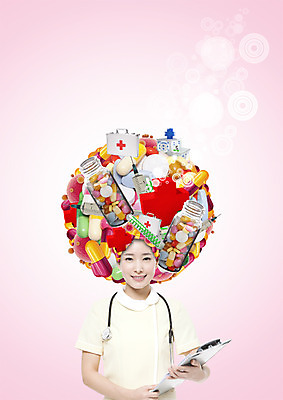 PSD 편집 편집이미지 여자 의학 청진기 병원 주사기 웃음 상반신 20대 성인 알약 한국인 간호사 구급상자 약병 서류판 이미지편집 의료기기 표정 사람 동양인 청년 약 사무용품 의료진 의료용품 병_담는 파일형식