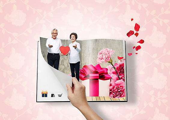 PSD 편집 편집이미지 손 여자 노년 남자 꽃잎 안내 서기 이벤트 성인 두명 책 쇼핑 노부부 한국인 하트 60대 어버이날 카네이션 이미지편집 모양 부부 기념일 꽃 모션 사람 동양인 신체부위 파일형식