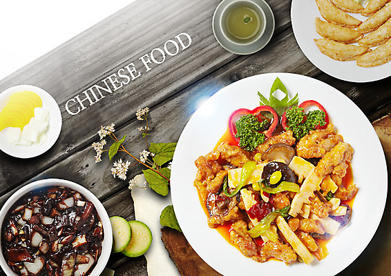 PSD 편집 편집이미지 접시 꽃 음식 호박 양파 피망 사람없음 중식 닭고기 버섯 차 짜장면 단무지 죽순 군만두 나무탁자 라조기 이미지편집 식물 식기 음료 채소 탁자 육류 만두 파일형식