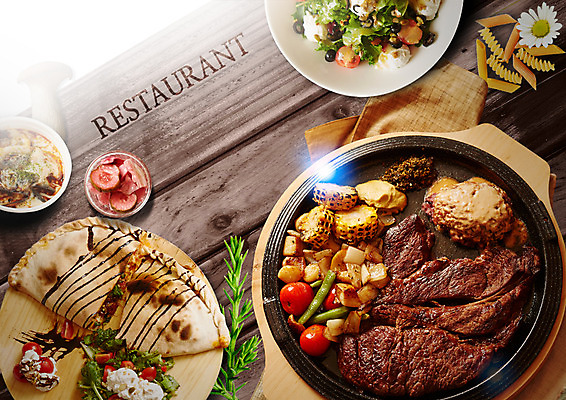 PSD 편집 편집이미지 접시 꽃 음식 채소 방울토마토 파스타 서양음식 육류 옥수수 스테이크 사람없음 레스토랑 샐러드 아스파라거스 피클 나무탁자 이미지편집 식물 식기 토마토 식재료 탁자 곡류 식당 절임 파일형식