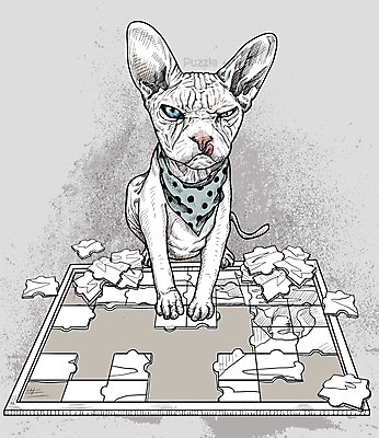 PSD 일러스트 취미 사람없음 반려동물 귀여움 고양이 활발 퍼즐 스케치 즐거움 퍼즐조각 스핑크스고양이 국내일러스트 동물 감정 조각 컨셉 포유류 미술 파일형식