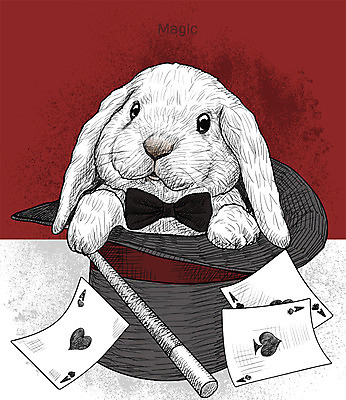 PSD 일러스트 지팡이 나비넥타이 취미 사람없음 반려동물 귀여움 활발 마술 토끼 트럼프 스케치 즐거움 마술사모자 롭이어토끼 국내일러스트 동물 모자_잡화 감정 컨셉 포유류 넥타이 미술 놀이용품 파일형식