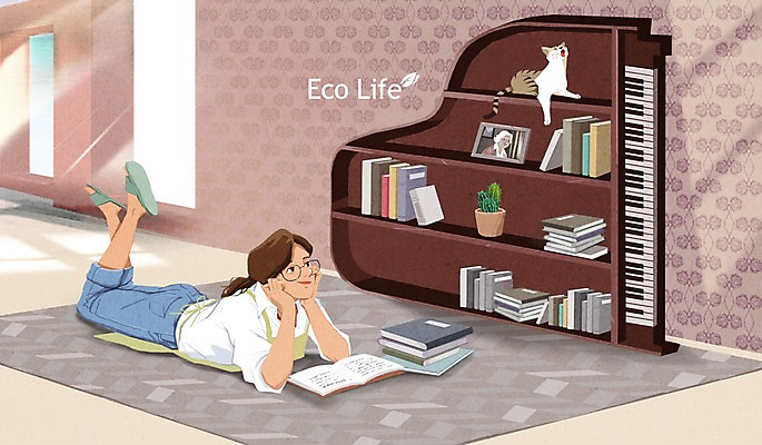 PSD 여자 화분 악기 엎드리기 액자 일러스트 창문 책장 슬리퍼 실내 한명 성인 책 독서 고양이 턱괴기 카펫 재활용 건반 에코 그랜드피아노 에코라이프 업사이클링 그린슈머 국내일러스트 1 라이프스타일 음악 가구 신발 포유류 모션 사람 내부 반려동물 환경 피아노 친환경 파일형식