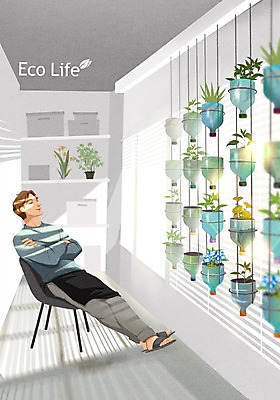 PSD 식물 남자 화분 의자 일러스트 창문 실내 한명 성인 팔짱 재활용 에코 페트병 에코라이프 업사이클링 그린슈머 행잉플랜트 국내일러스트 1 라이프스타일 가구 모션 사람 내부 환경 친환경 병_담는 파일형식