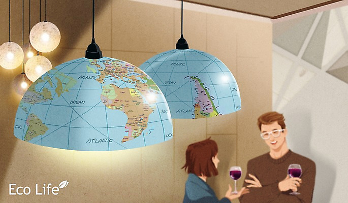 PSD 커플 여자 남자 와인잔 일러스트 조명 실내 성인 두명 지구본 와인 재활용 에코 에코라이프 업사이클링 그린슈머 국내일러스트 라이프스타일 술잔 관계 주류 사람 내부 환경 친환경 파일형식