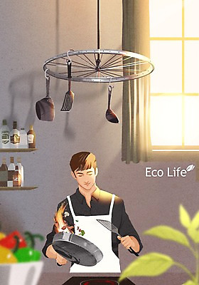 PSD 남자 일러스트 창문 주방용품 선반 실내 요리 한명 성인 요리사 앞치마 재활용 바퀴 프라이팬 냄비 국자 에코 요리중 에코라이프 업사이클링 그린슈머 국내일러스트 직업 1 라이프스타일 가구 생활용품 모션 사람 내부 환경 솥 친환경 파일형식