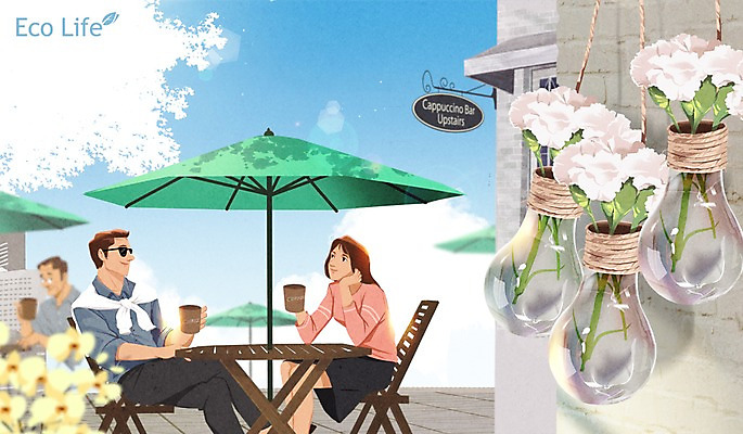 주간 PSD 구름 여자 남자 꽃 화분 일러스트 전구 성인 야외 세명 재활용 카페 파라솔 에코 에코라이프 업사이클링 그린슈머 행잉플랜트 국내일러스트 자연요소 식물 라이프스타일 사람 환경 상점 친환경 파일형식