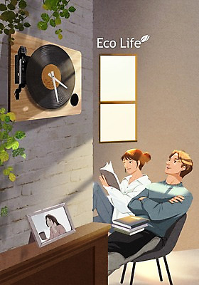 PSD 식물 여자 남자 시계 액자 의자 일러스트 창문 벽돌 실내 성인 두명 책 독서 팔짱 재활용 에코 에코라이프 업사이클링 그린슈머 국내일러스트 라이프스타일 가구 모션 사람 내부 환경 친환경 파일형식