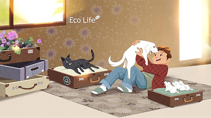 PSD 남자 꽃 어린이 일러스트 창문 슬리퍼 실내 한명 여행가방 고양이 카펫 재활용 강아지 에코 에코라이프 안식처 업사이클링 그린슈머 국내일러스트 식물 1 라이프스타일 신발 가방 포유류 휴식 사람 내부 반려동물 환경 개 친환경 파일형식