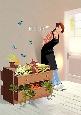 PSD 식물 여자 화분 나비 일러스트 실내 한명 성인 문 앞치마 재활용 장롱 에코 에코라이프 업사이클링 그린슈머 국내일러스트 1 라이프스타일 가구 곤충 사람 내부 환경 친환경 파일형식