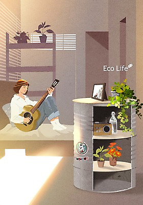 PSD 식물 여자 화분 액자 일러스트 유리병 실내 한명 성인 재활용 기타 에코 라디오 에코라이프 드럼통 업사이클링 그린슈머 국내일러스트 1 라이프스타일 현악기 병_용기 사람 내부 전자제품 환경 친환경 파일형식