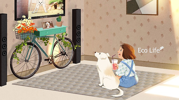 PSD 여자 꽃 화분 음료 어린이 일러스트 실내 한명 자전거 텔레비전 카펫 재활용 강아지 에코 오디오 티비시청 에코라이프 약자 업사이클링 그린슈머 국내일러스트 식물 1 라이프스타일 사람 내부 전자제품 반려동물 환경 바이크 개 친환경 시청_보고들음 파일형식