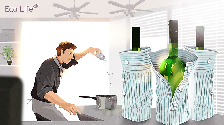 PSD 남자 셔츠 일러스트 실내 요리 한명 성인 요리사 재활용 냄비 조리복 와인병 에코 요리중 에코라이프 후추통 업사이클링 그린슈머 국내일러스트 직업 1 라이프스타일 상의 유니폼 모션 병_용기 사람 내부 환경 와인 솥 친환경 양념통 파일형식