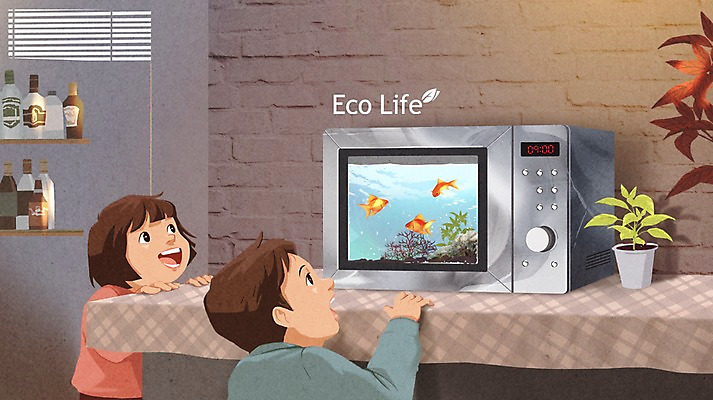 PSD 식물 여자 남자 화분 어린이 일러스트 벽돌 선반 실내 두명 재활용 전자레인지 어항 에코 에코라이프 업사이클링 그린슈머 국내일러스트 라이프스타일 가구 사람 내부 환경 가전제품 레인지 친환경 파일형식