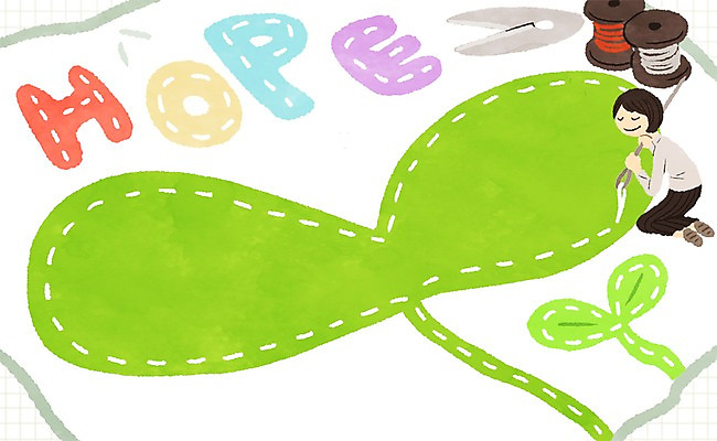 PSD 여자 일러스트 한명 성인 새싹 희망 바늘 실 바느질 쪽가위 프레임일러스트 국내일러스트 식물 1 감정 프레임 가위_도구 사람 도구 파일형식