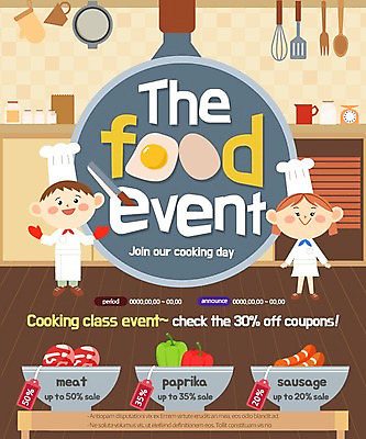 PSD 템플릿 여자 남자 어린이 웹템플릿 주방용품 파프리카 이벤트페이지 요리사모자 생고기 요리 이벤트 두명 요리사 프라이팬 소시지 조리복 계란프라이 식칼 이미지템플릿 직업 모자_잡화 생활용품 유니폼 채소 육류 사람 가공식품 계란요리 페이지 파일형식