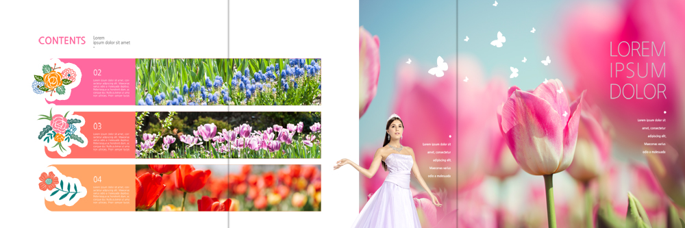 PSD 서양인 템플릿 표지디자인 북디자인 출판디자인 드레스 여자 꽃 내지 리플렛 나비 꽃밭 북커버 3단접지 한명 팜플렛 상반신 20대 성인 축제 봄 튤립 이미지템플릿 외국인 식물 1 옷 계절 곤충 사람 청년 파일형식