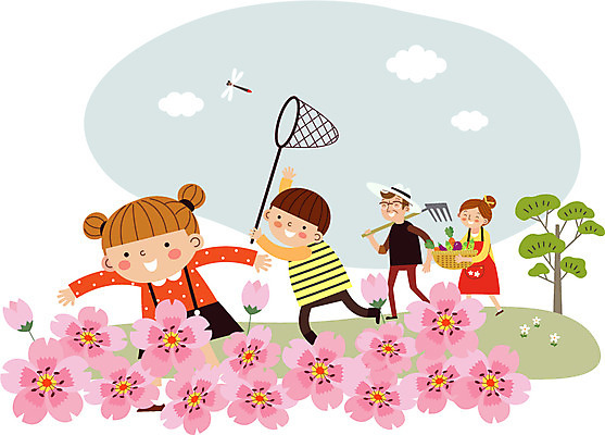 주간 나무 구름 여자 남자 꽃 어린이 채소 일러스트 가족 여러명 성인 야외 바구니 잠자리 농장체험 채집망 갈퀴 주말농장 국내일러스트 AI파일 자연요소 식물 다수 곤충 관계 사람 농장 체험학습 파일형식 벡터