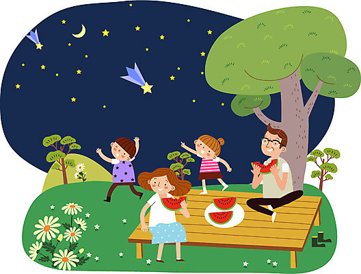 나무 여자 남자 꽃 별 어린이 일러스트 가족 산 수박 여러명 성인 야외 달 야간 유성 평상 농장체험 주말농장 국내일러스트 AI파일 자연요소 식물 다수 과일 관계 사람 농장 체험학습 파일형식 벡터