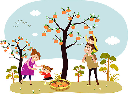 주간 나무 구름 여자 남자 어린이 일러스트 가족 감 여러명 성인 야외 바구니 목말 감나무 농장체험 감따기 주말농장 국내일러스트 AI파일 자연요소 식물 다수 과일 관계 모션 사람 농장 체험학습 파일형식 벡터