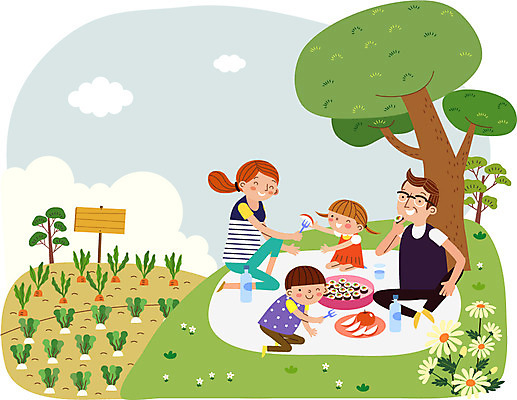 주간 나무 구름 여자 남자 꽃 어린이 채소 일러스트 가족 여러명 성인 야외 팻말 돗자리 김밥 농장체험 채소밭 새참 주말농장 국내일러스트 AI파일 자연요소 식물 음식 다수 밭 관계 프레임 사람 농장 체험학습 파일형식 벡터