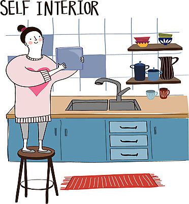 그릇 여자 가구 의자 일러스트 주전자 선반 실내 한명 성인 컵 인테리어 카펫 냄비 타일 싱크대 DIY 셀프 셀프인테리어 자급자족라이프 국내일러스트 AI파일 1 라이프스타일 식기 디자인 생활용품 주방용품 사람 취미 내부 솥 개수대 파일형식 벡터