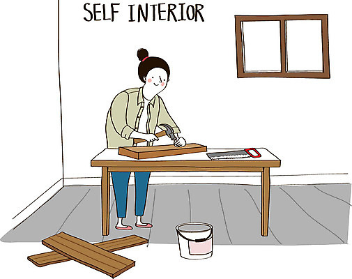 여자 가구 일러스트 창문 실내 한명 성인 인테리어 못 망치 책상 나무판자 톱 DIY 셀프 셀프인테리어 자급자족라이프 국내일러스트 AI파일 1 라이프스타일 디자인 생활용품 사람 취미 내부 목재 공구 파일형식 벡터