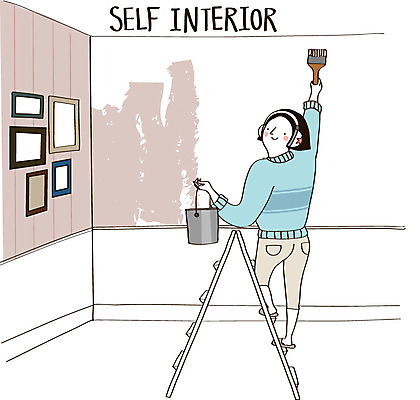 여자 액자 일러스트 사다리 실내 한명 성인 인테리어 헤드셋 페인트 페인트칠 페인트통 페인트붓 DIY 셀프 셀프인테리어 자급자족라이프 국내일러스트 AI파일 1 라이프스타일 디자인 음향기기 페인팅 통 사람 취미 내부 헤드폰 도구 붓 파일형식 벡터